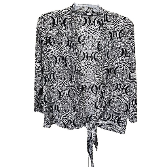 Chico's Travelers Slinky Knit Tie-Waist Medallion Print Jacket Size 2 Large - Picture 1 of 5